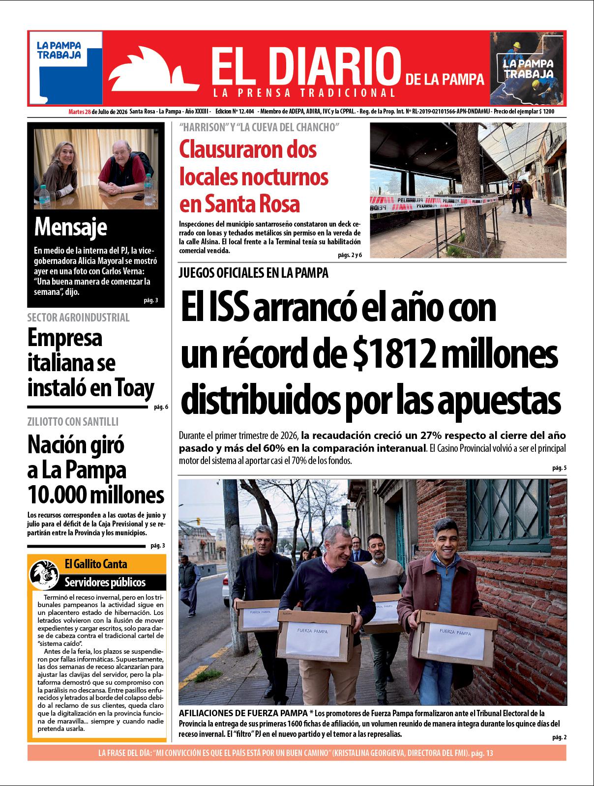 Tapa de El Diario en papel  martes 28 de julio de 2026